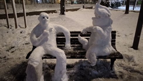 СНЕЖНЕ ФИГУРЕ НА КЛУПИ: Необични пар привлачи пажњу пролазника у Карађорђевом парку СНЕЖНЕ ФИГУРЕ НА КЛУПИ: Необични пар привлачи пажњу пролазника у Карађорђевом парку