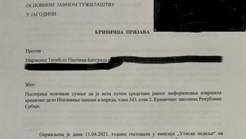 КРИВИЧНА ПРИЈАВА ПРОТИВ МАРИНИКЕ ТЕПИЋ: 393 жене запослене у јавном сектору у Јагодини поднеле тужбу КРИВИЧНА ПРИЈАВА ПРОТИВ МАРИНИКЕ ТЕПИЋ: 393 жене запослене у јавном сектору у Јагодини поднеле тужбу