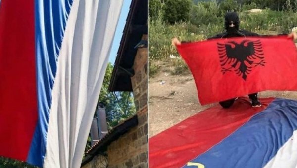 АЛБАНЦИ ОСКРНАВИЛИ ТРОБОЈКУ: Украдена застава са врата Грачанице, објављене срамне фотографије АЛБАНЦИ ОСКРНАВИЛИ ТРОБОЈКУ: Украдена застава са врата Грачанице, објављене срамне фотографије