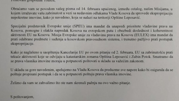Канцеларија ЕУ на тзв. Косову и Мисија Оебс одговориле на писма градоначелника Лепосавића Канцеларија ЕУ на тзв. Косову и Мисија Оебс одговориле на писма градоначелника Лепосавића