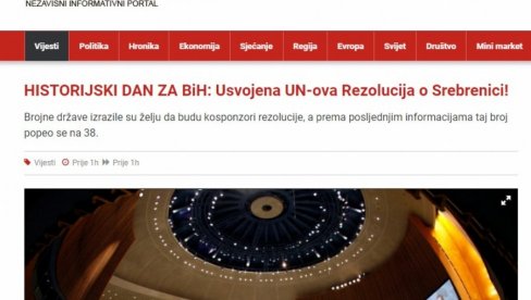 EKSTREMISTIČKA SLOBODNA BOSNA LIKUJE ZBOG GLASANJA U UN: Bizarnim naslovima slave Pirovu pobedu EKSTREMISTIČKA SLOBODNA BOSNA LIKUJE ZBOG GLASANJA U UN: Bizarnim naslovima slave Pirovu pobedu