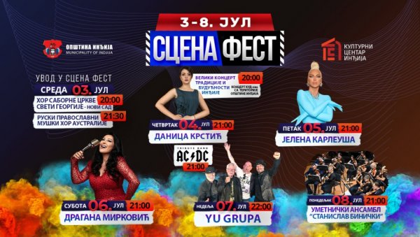 ШЕСТ ВЕЧЕРИ ДОБРЕ ЗАБАВЕ: „Сцена фест“, почиње вечерас и трајаће до 8. јула у Инђији ШЕСТ ВЕЧЕРИ ДОБРЕ ЗАБАВЕ: „Сцена фест“, почиње вечерас и трајаће до 8. јула у Инђији