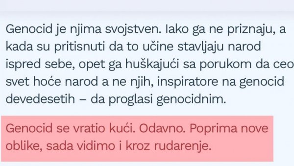 СУМАНУТ ТЕКСТ У ОПОЗИЦИОНОМ ДАНАСУ: Рударење литијума је геноцид, као у Сребреници! (ФОТО) СУМАНУТ ТЕКСТ У ОПОЗИЦИОНОМ ДАНАСУ: Рударење литијума је геноцид, као у Сребреници! (ФОТО)