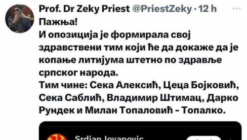 TVITERAŠ JEDNOM OBJAVOM OBESMISLIO SVE ŠTO RADI OPOZICIJA: Ko čini zdravstveni tim opozicije TVITERAŠ JEDNOM OBJAVOM OBESMISLIO SVE ŠTO RADI OPOZICIJA: Ko čini zdravstveni tim opozicije