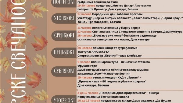 У БЕОЧИНУ ПОВОДОМ ДАНА ОПШТИНЕ: Октобарске свечаности од 12. до 28. октобра, разноврсни бесплатни програми У БЕОЧИНУ ПОВОДОМ ДАНА ОПШТИНЕ: Октобарске свечаности од 12. до 28. октобра, разноврсни бесплатни програми