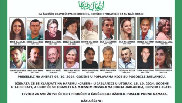 САХРАЊЕНЕ ЖРТВЕ ЈАБЛАНИЧКЕ КАТАКЛИЗМЕ: Више хиљада људи из БиХ окупило се у Јабланици на џенази 19 настрадалих САХРАЊЕНЕ ЖРТВЕ ЈАБЛАНИЧКЕ КАТАКЛИЗМЕ: Више хиљада људи из БиХ окупило се у Јабланици на џенази 19 настрадалих