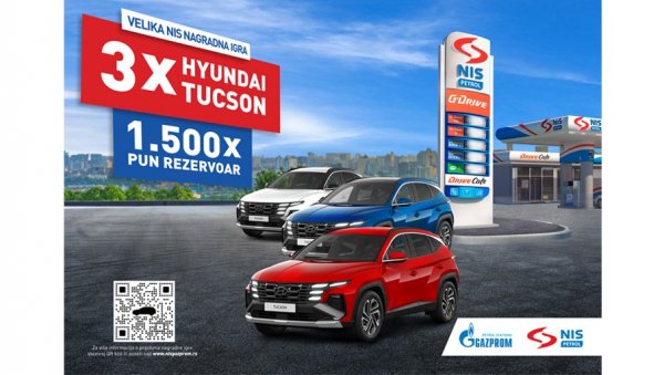 ВЕЛИКА НАГРАДНА ИГРА КОМПАНИЈЕ НИС: Три Hyundai Tucson аутомобила и још 1.500 пуних резервоара горива ВЕЛИКА НАГРАДНА ИГРА КОМПАНИЈЕ НИС: Три Hyundai Tucson аутомобила и још 1.500 пуних резервоара горива