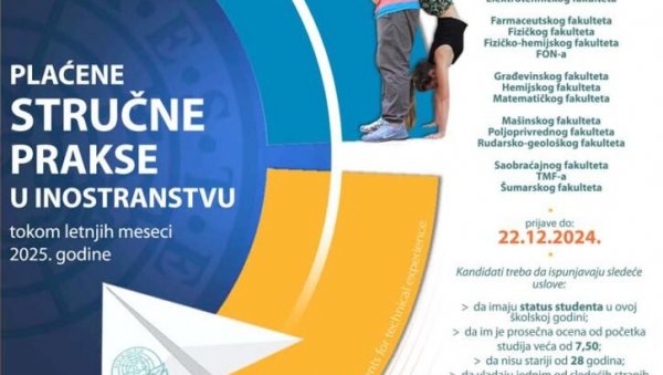 ПЛАЋЕНА СТРУЧНА ПРАКСА У ИНОСТАНСТВУ: Размена студената техничких факултета, рачунарства и природних наука ПЛАЋЕНА СТРУЧНА ПРАКСА У ИНОСТАНСТВУ: Размена студената техничких факултета, рачунарства и природних наука