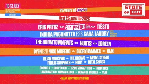 EXIT SLAVI 25 GODINA: Sex Pistols, Tiësto, Loreen i Eric Prydz predvode prvih 25 imena jubilarnog izdanja EXIT SLAVI 25 GODINA: Sex Pistols, Tiësto, Loreen i Eric Prydz predvode prvih 25 imena jubilarnog izdanja