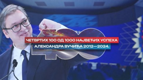 POGLEDAJTE: Četvrtih 100 od 1000 najvećih uspeha Aleksandra Vučića u periodu od 2012. do 2024. godine (VIDEO) POGLEDAJTE: Četvrtih 100 od 1000 najvećih uspeha Aleksandra Vučića u periodu od 2012. do 2024. godine (VIDEO)
