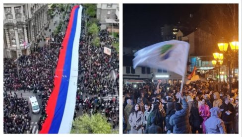 SLIKA PONOSA I SLIKA SRAMOTE: U Beogradu na narodnom skupu najveća zastava Srbije, a na dočeku studenata blokadera vijore se zastave Sandžaka