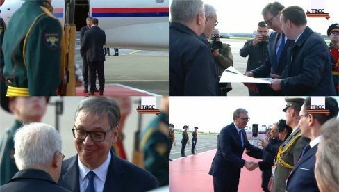 CRVENI TEPIH I POČASNA GARDA ZA VUČIĆA! Ruska televizija uživo prenosila doček srpskog predsednika na aerodromu u Moskvi (VIDEO)