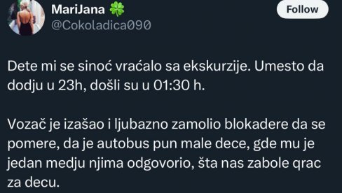 ŠTA NAS BOLI K**** ZA DECU Blokaderi zaustavili autobus pun mališana, mnogi stigli kućama tek kasno u noć (FOTO)