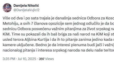 БЕДНО ЈЕ ДА ИНТЕРЕСИ ПЛЕНУМА БУДУ ЈАЧИ Николић критиковала опозицију због бојкота седнице везане за питања живота Срба на КиМ