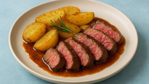 BIFTEK SA PEČENIM KROMPIROM I UMAKOM: Recept za idealan ručak. BIFTEK SA PEČENIM KROMPIROM I UMAKOM: Recept za idealan ručak.