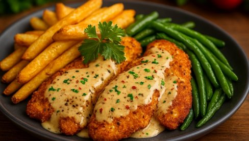 HRSKAVA PILETINA U KREMASTOM SOSU: Prilog pomfrit i zelena boranija HRSKAVA PILETINA U KREMASTOM SOSU: Prilog pomfrit i zelena boranija