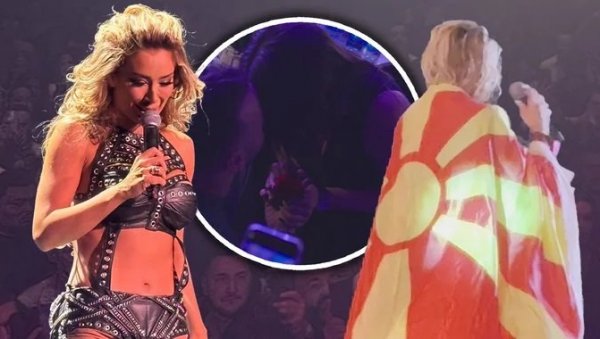 ПАЛА НА КОЛЕНА ПРЕД МАКЕДОНСКОМ ПУБЛИКОМ И ЗАЈЕЦАЛА: Теу Таировић огрнули заставом, а онда је уследила веридба (ФОТО)