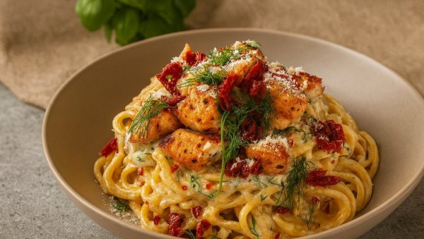 КРЕМАСТИ ШПАГЕТИ СА ПИЛЕТИНОМ И СУШЕНИМ ПАРАДАЈЗОМ: Рецепт за кремасту тестенину
