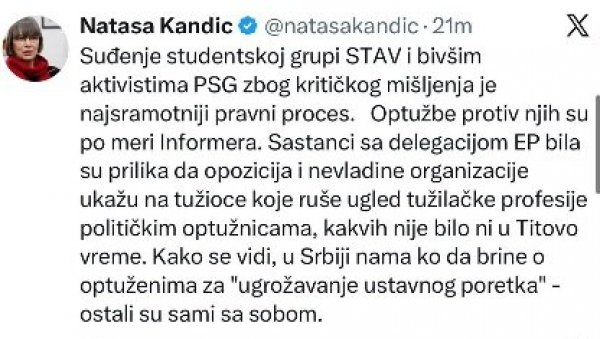НАТАША КАНДИЋ НА СТРАНИ БЛОКАДЕРА: Подржала клечање пред Пицулом и Пребиличем