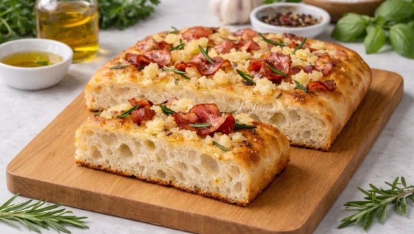 ФОКАЧА СА КРОМПИРОМ И СЛАНИНОМ:  Кора пуца под прстима, средина остаје мекана и сочна