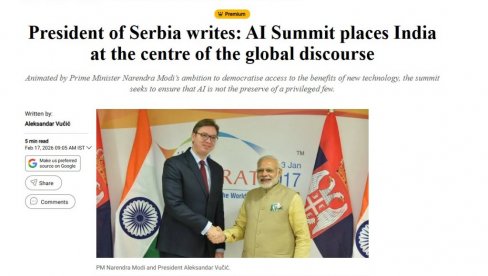 VUČIĆEV AUTORSKI TEKST U NAJČITANIJIM NOVINAMA U INDIJI Predsedniku Srbije ukazana velika čast