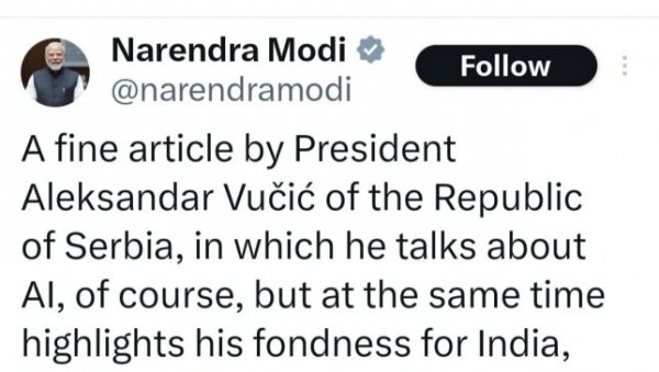 СРБИЈО БУДИ ПОНОСНА: Премијер најмногољудније земље на свету нахвалио председника Србије и указао му велико поштовање