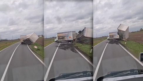 VETAR ODUVAO PRIKOLICU KAMION: Načisto se prevrnula - jeziv snimak iz Hrvatske (VIDEO)