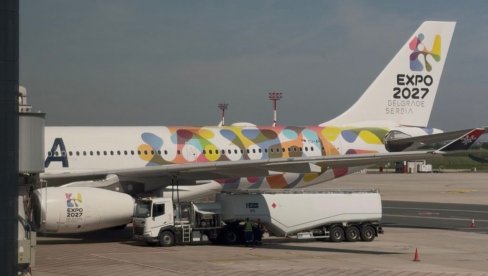 EKSPO 2027 NA PISTI: Sa beogradskog aerodroma Nikola Tesla danas je ka Torontu poleteo specijalno brendiran avion Er Srbije
