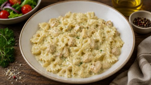 KREMASTA PASTA SA PILETINOM I ŠAMPINJONIMA:  Ručak gotov za dvadesetak minuta